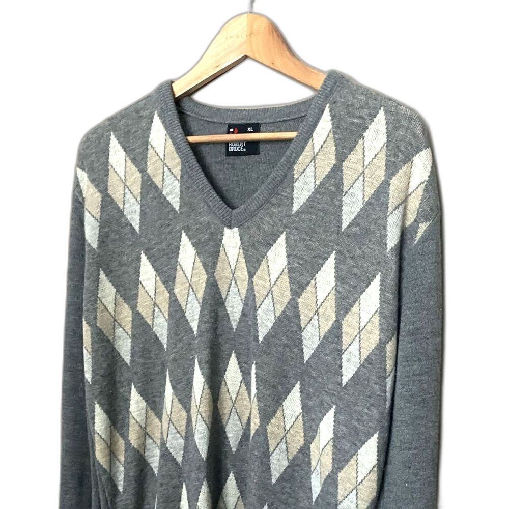 ROBERT BRUCE vintage v-neck argyle sweater 80s gray preppy streetwear XL EUC